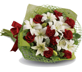 True Romance | A Stunning Bouquet of Red Roses & White Lilies  product photo